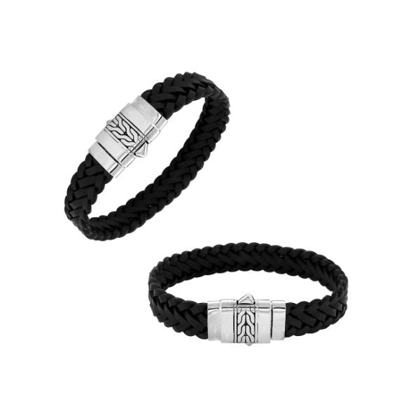 AB-1127-LT-BLK-8" Sterling Silver Bracelet With Black Leather Jewelry Bali Designs Inc 