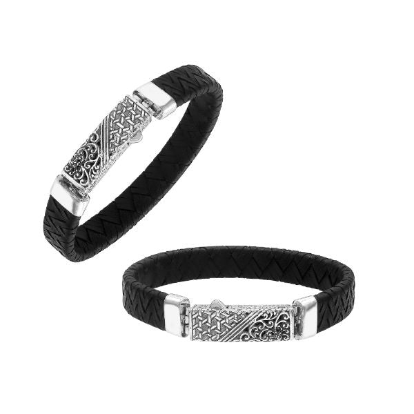 AB-1174-LT-BLK-7.5" Sterling Silver Bracelet With Black Leather Jewelry Bali Designs Inc 