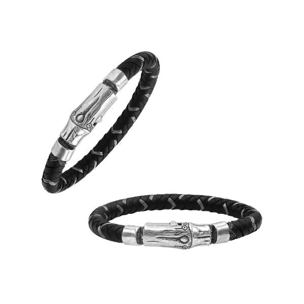 AB-1175-LT-8.5" Sterling Silver Bracelet With Black Leather Jewelry Bali Designs Inc 