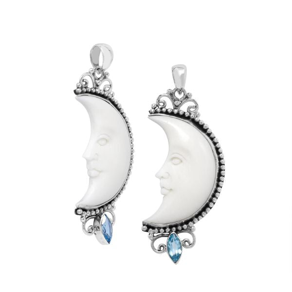 AP-1185-BT Sterling Silver Half Moon Shape Pendant With Bone Face and Blue Topaz Jewelry Bali Designs Inc 